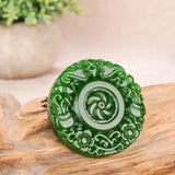 Bat Flower Green Jade Pendant Necklace Hand-Carved Charm Jadeite
