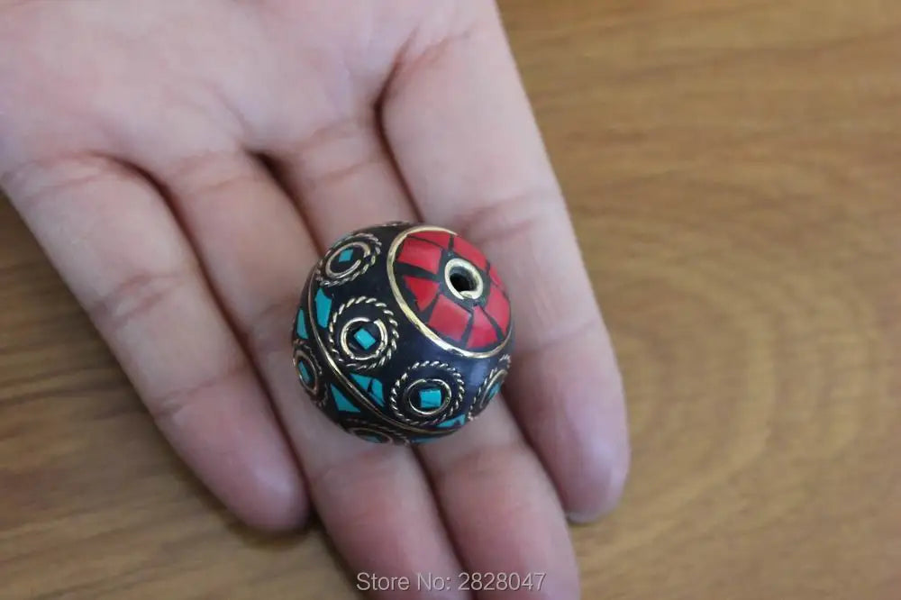 Vintage Tibetan Brass Round Pendant Beads 26mm 1 Piece