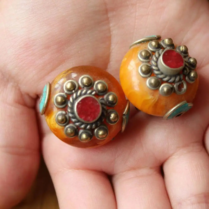 Ethnic Tibetan Copper Resin Round Beads for Jewelry Making