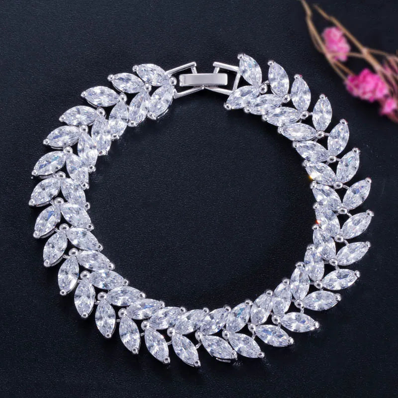 Purple Leaf & Cubic Zircon Crystal Bridal Bracelet Silver Wedding Jewellery