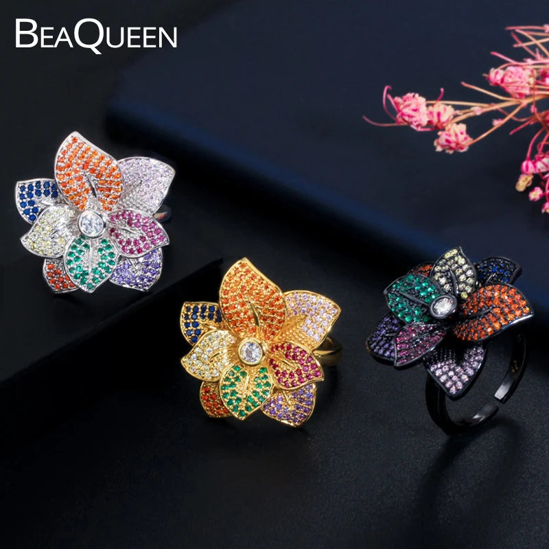 Multicolor Flower Petals CZ Open Ring for Women Dubai Wedding Jewelry R092