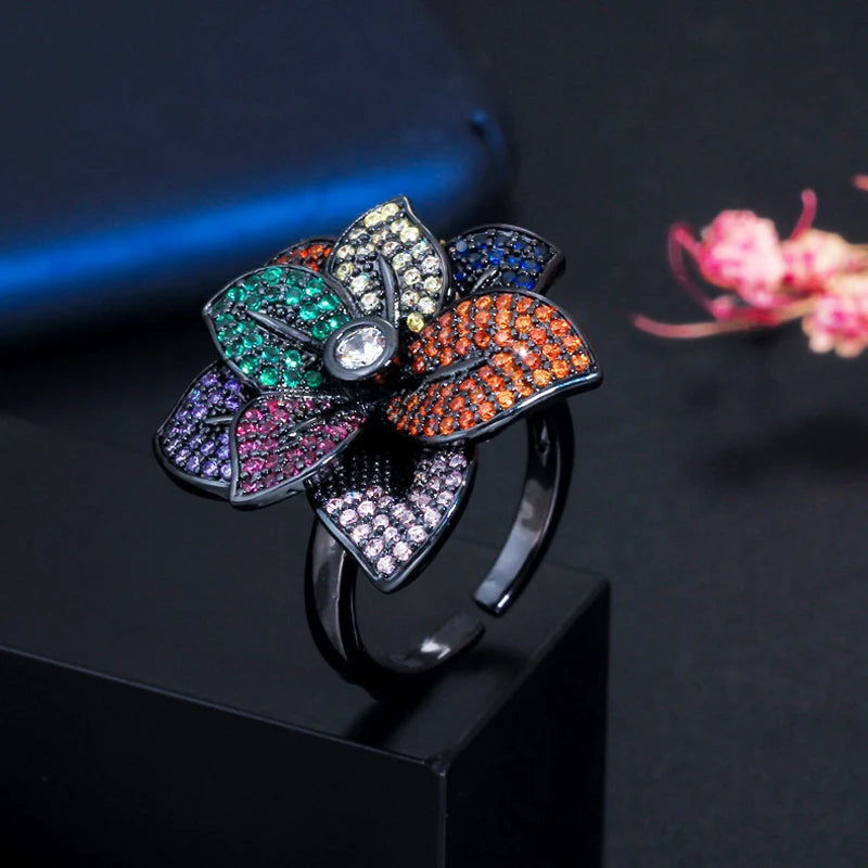Multicolor Flower Petals CZ Open Ring for Women Dubai Wedding Jewelry R092
