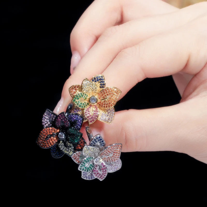 Multicolor Flower Petals CZ Open Ring for Women Dubai Wedding Jewelry R092