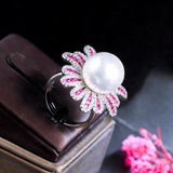 Big Pearl Engagement Ring Hot Pink Flower Pave CZ Jewelry R117