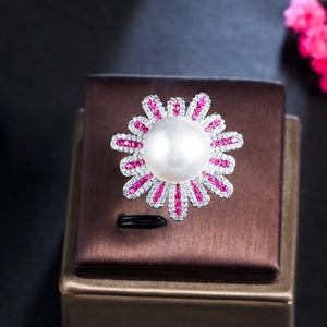 Big Pearl Engagement Ring Hot Pink Flower Pave CZ Jewelry R117