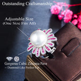 Big Pearl Engagement Ring Hot Pink Flower Pave CZ Jewelry R117