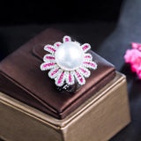 Big Pearl Engagement Ring Hot Pink Flower Pave CZ Jewelry R117