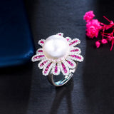 Big Pearl Engagement Ring Hot Pink Flower Pave CZ Jewelry R117