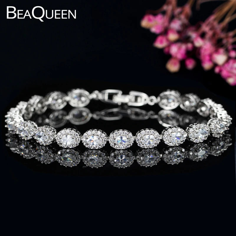 Women Silver Oval CZ Stone Tennis Bracelet Bangle