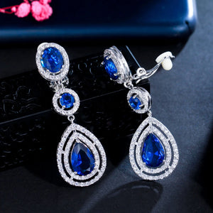 Dark CZ Long Water Drop Clip On Earrings for Women