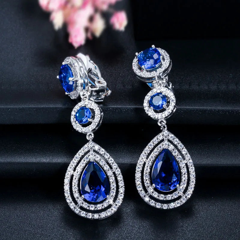 Dark CZ Long Water Drop Clip On Earrings for Women