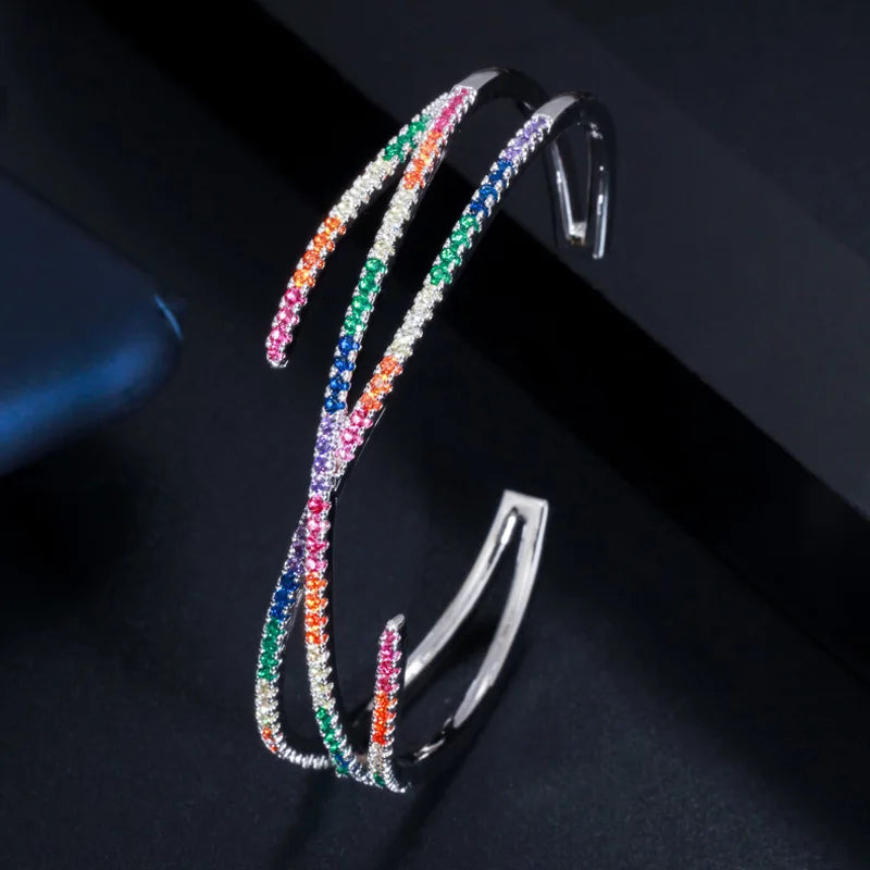 Adjustable Rainbow CZ Cross Wire Bracelet Bangle Dress Jewelry