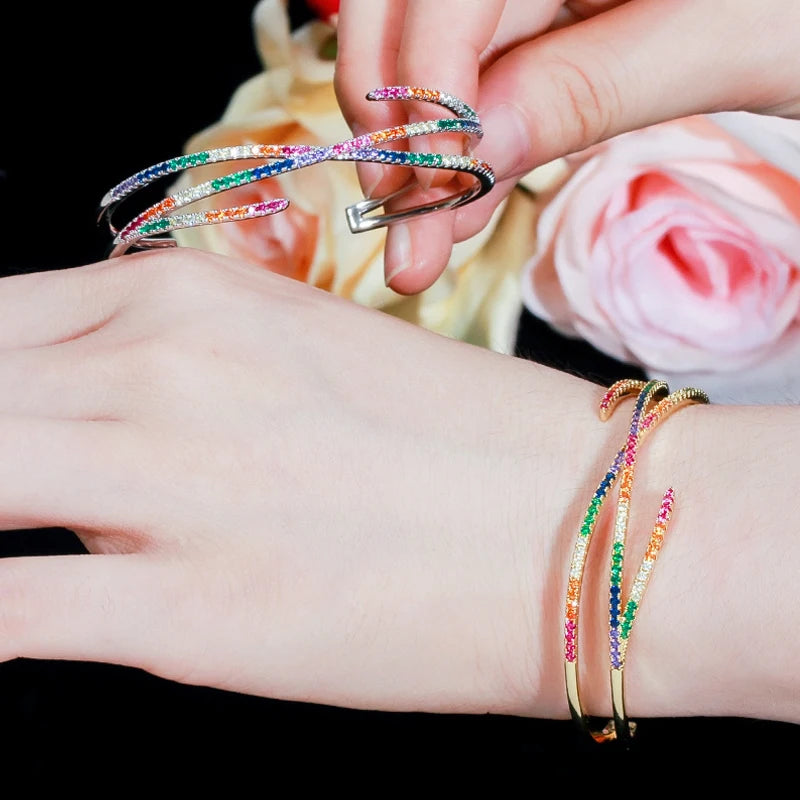 Adjustable Rainbow CZ Cross Wire Bracelet Bangle Dress Jewelry