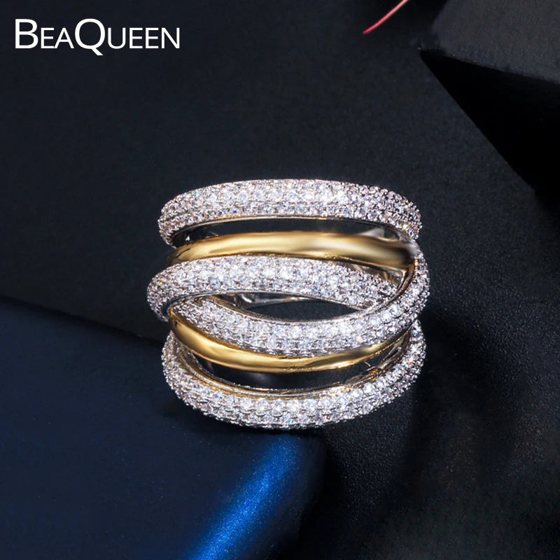 Famous 2 Tones Big Cross Geometry CZ Rings for Women Wedding Bridal Jewelry