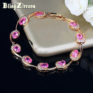 Oval Pink Crystal Charm Bracelet Cubic Zircon Stone Jewelry