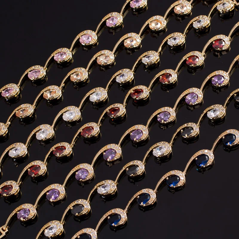 Oval Pink Crystal Charm Bracelet Cubic Zircon Stone Jewelry