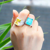 Women Adjustable Ring Square Yellow Cubic Zircon Stone Silver Banquet Jewelry