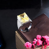Women Adjustable Ring Square Yellow Cubic Zircon Stone Silver Banquet Jewelry