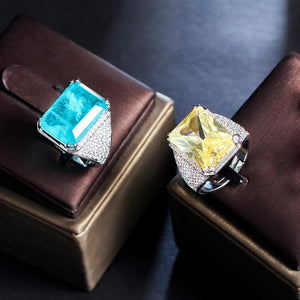 Women Adjustable Ring Square Yellow Cubic Zircon Stone Silver Banquet Jewelry