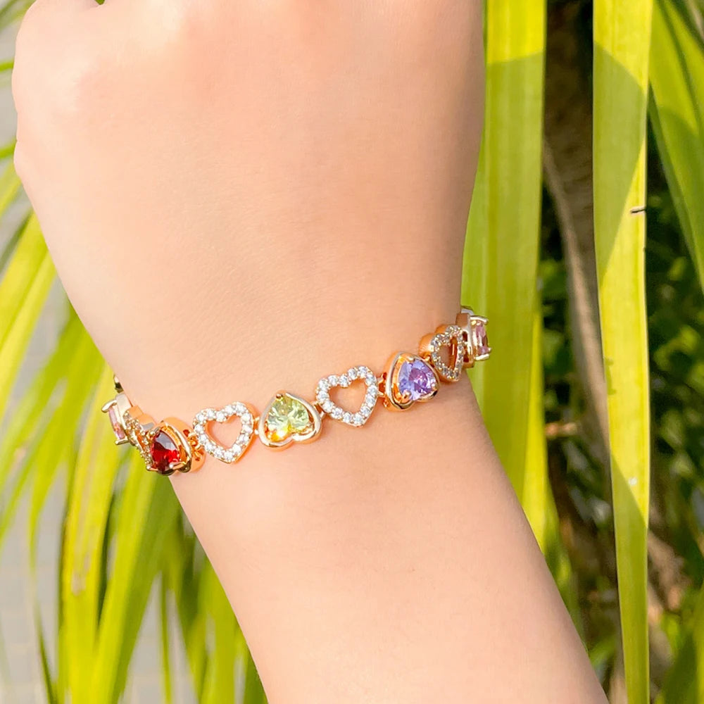 Heart Shape Multicolor CZ Tennis Bracelet for Brides