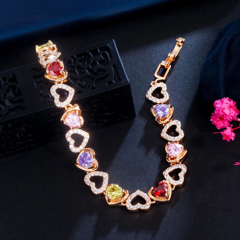 Heart Shape Multicolor CZ Tennis Bracelet for Brides