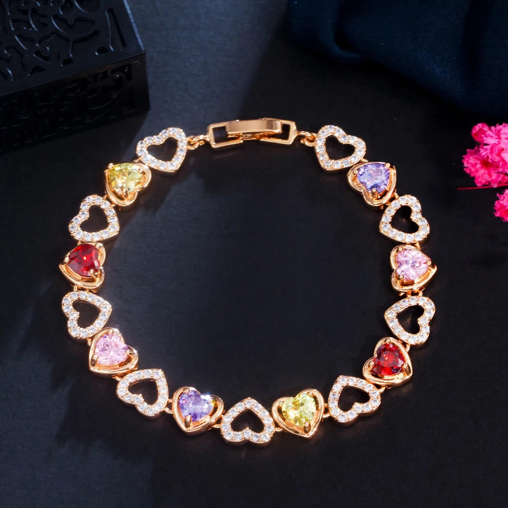 Heart Shape Multicolor CZ Tennis Bracelet for Brides