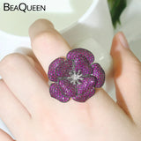 Fuchsia Purple Red CZ Flower Adjustable Open Ring Women R110