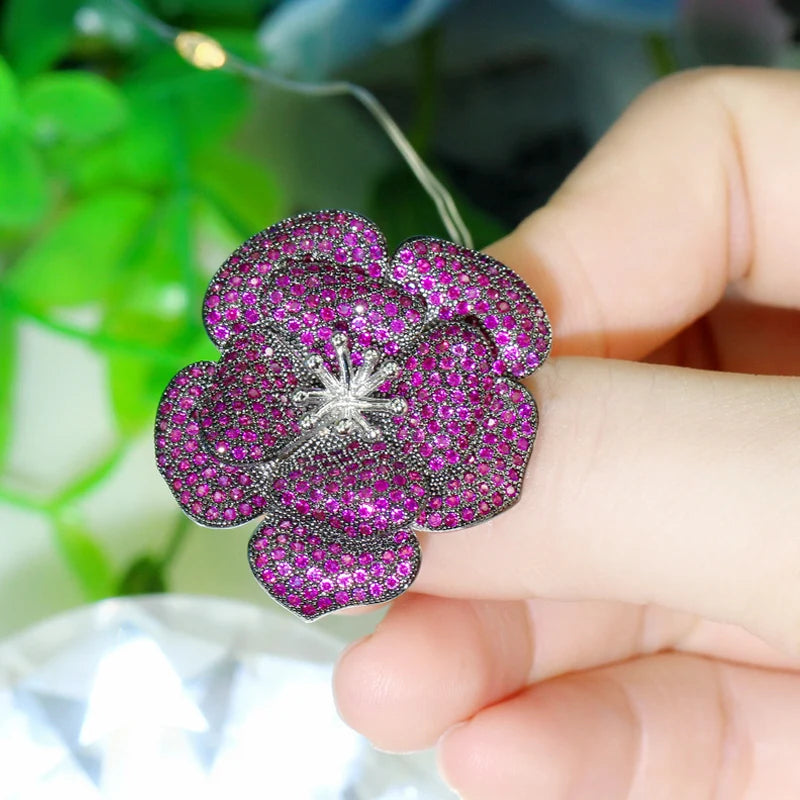 Fuchsia Purple Red CZ Flower Adjustable Open Ring Women R110