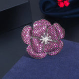 Fuchsia Purple Red CZ Flower Adjustable Open Ring Women R110