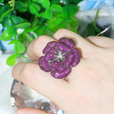 Fuchsia Purple Red CZ Flower Adjustable Open Ring Women R110