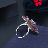 Fuchsia Purple Red CZ Flower Adjustable Open Ring Women R110