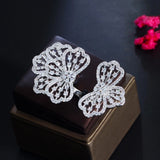 Silver CZ Big Bow Flower Wedding Adjustable Ring for Women