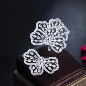 Silver CZ Big Bow Flower Wedding Adjustable Ring for Women