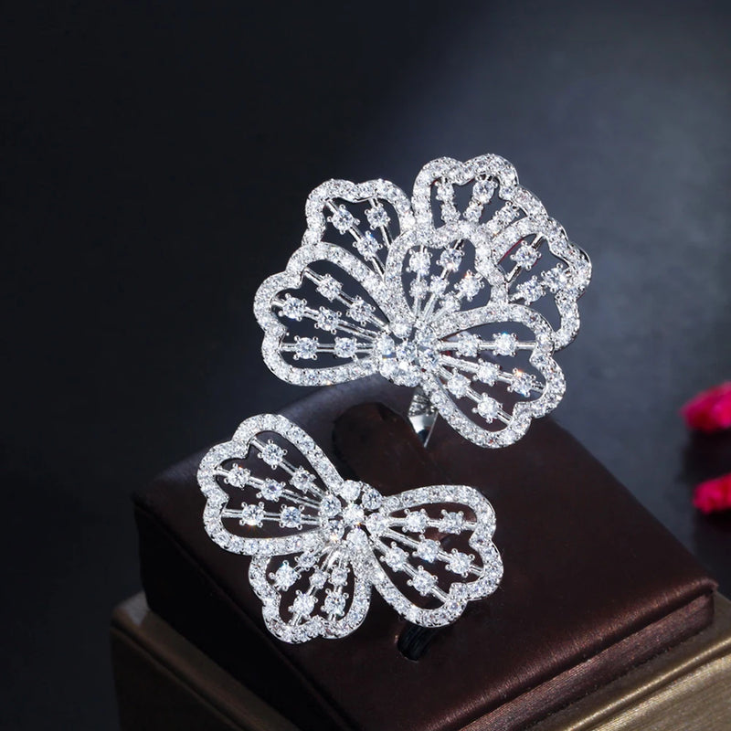 Silver CZ Big Bow Flower Wedding Adjustable Ring for Women