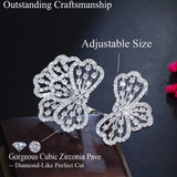 Silver CZ Big Bow Flower Wedding Adjustable Ring for Women