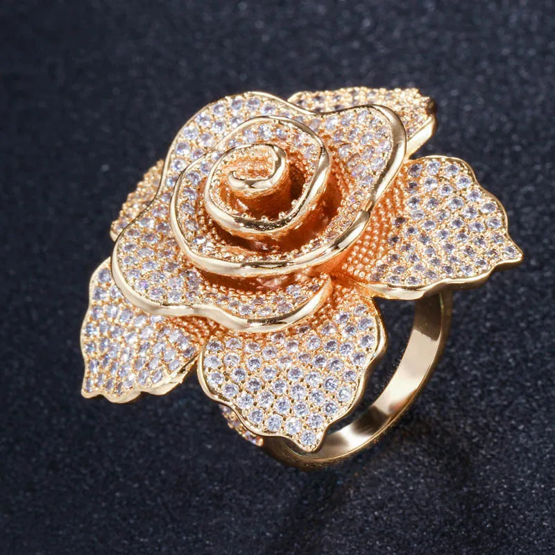 Dubai Yellow Finger Jewelry CZ Pave Flower Wedding Ring for Women