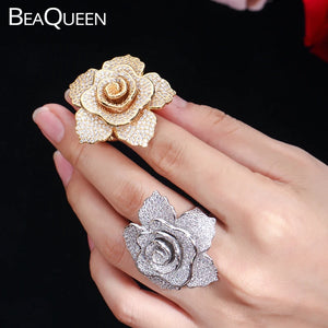 Dubai Yellow Finger Jewelry CZ Pave Flower Wedding Ring for Women