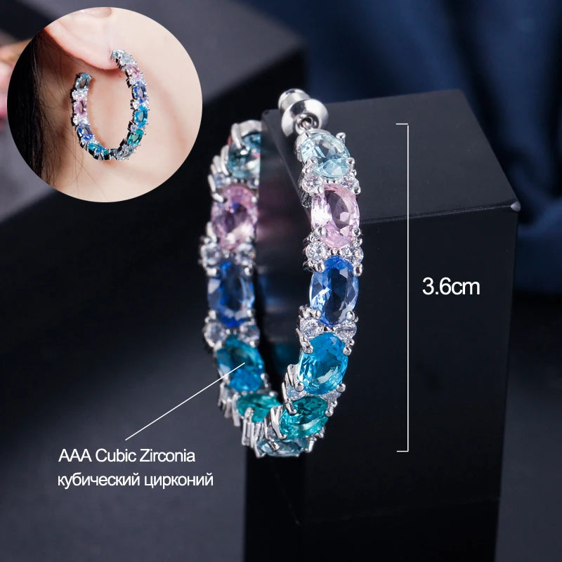 Pink Green CZ Rainbow Crystal Hoop Earrings Women Jewelry E302