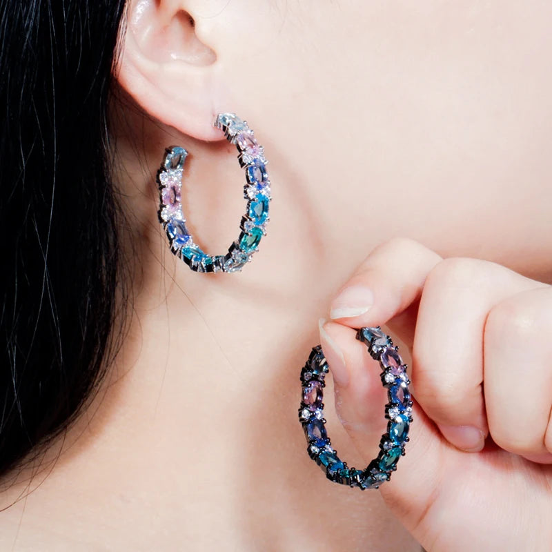 Pink Green CZ Rainbow Crystal Hoop Earrings Women Jewelry E302