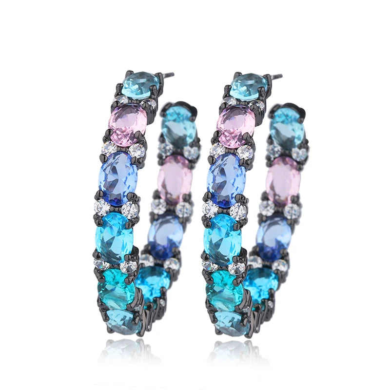 Pink Green CZ Rainbow Crystal Hoop Earrings Women Jewelry E302