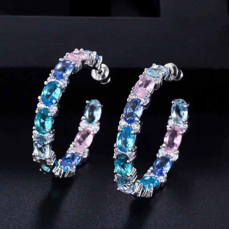 Pink Green CZ Rainbow Crystal Hoop Earrings Women Jewelry E302
