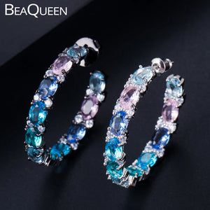 Pink Green CZ Rainbow Crystal Hoop Earrings Women Jewelry E302