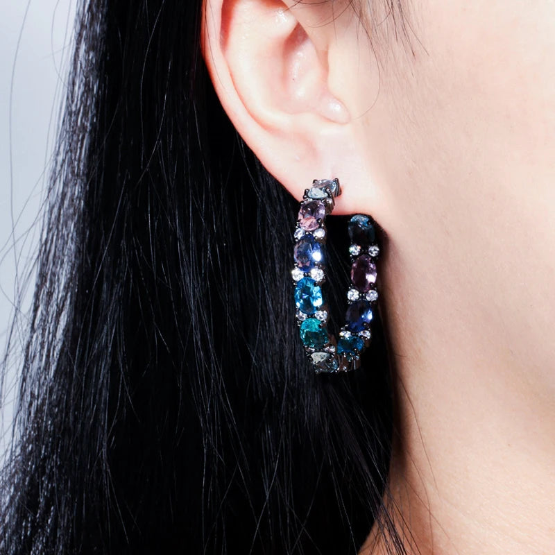 Pink Green CZ Rainbow Crystal Hoop Earrings Women Jewelry E302
