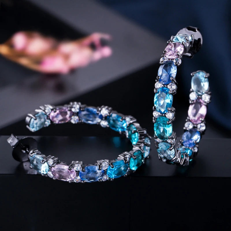 Pink Green CZ Rainbow Crystal Hoop Earrings Women Jewelry E302