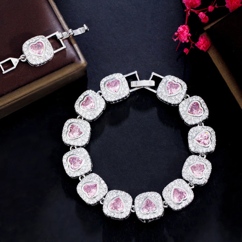 Red Heart Tennis Chain Bracelet for Women, Christmas Jewelry Gift