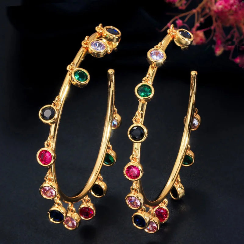 Rainbow Crystal Big Circle Hoop Earrings Yellow Statement Jewelry E329