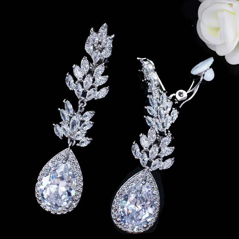 Cubic Zirconia Ear Clip On Earrings Long Water Drop
