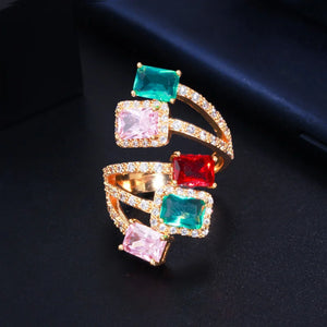 Noble Multicolored CZ Big Open Finger Rings Bridal Wedding Jewelry R112