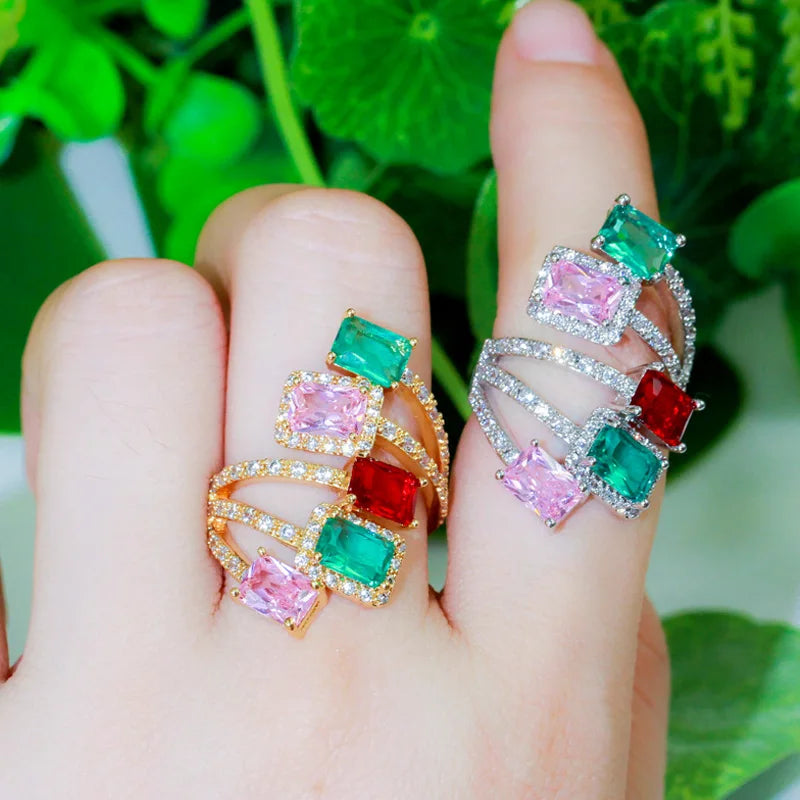 Noble Multicolored CZ Big Open Finger Rings Bridal Wedding Jewelry R112