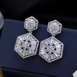 Hexagon CZ Crystal Paved Dangle Earrings for Women Wedding